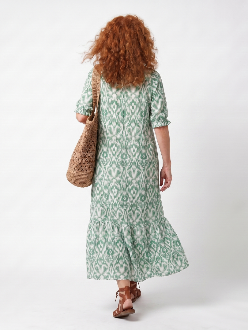 Ikat Print V-Neck Tassel Tie Tiered Midi Dress