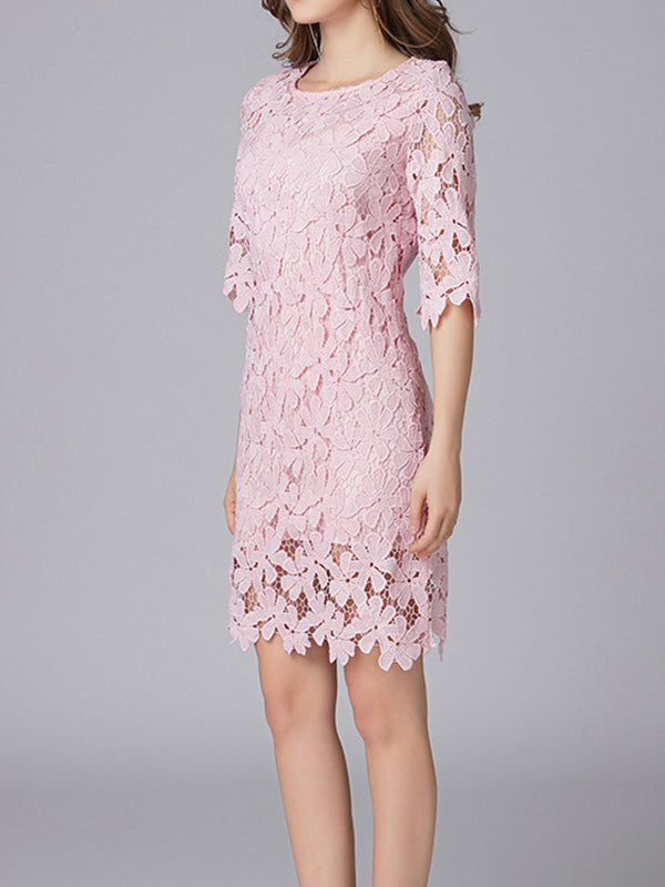 Floral Lace Round Neck Elbow Sleeve Scalloped Hem Shift Mini Dress