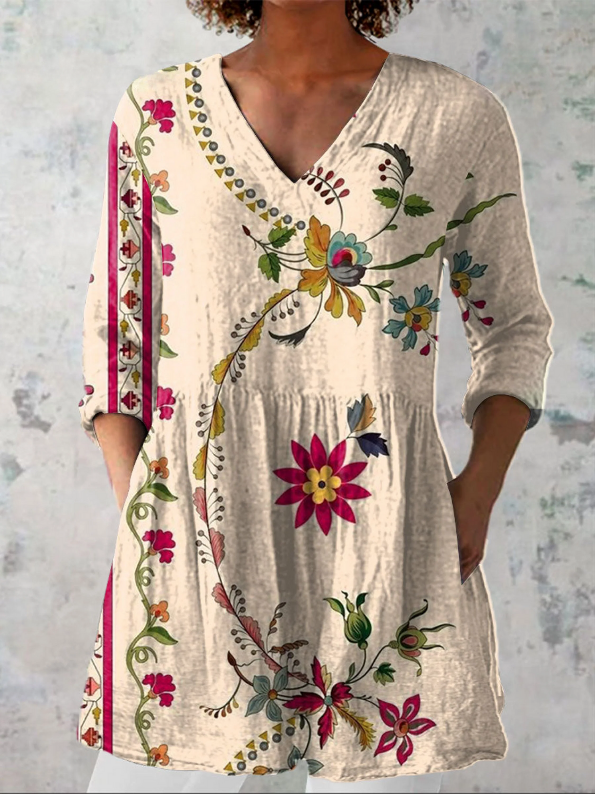 V-Neck Long Sleeve Floral Tiered Pocket Tunic Top