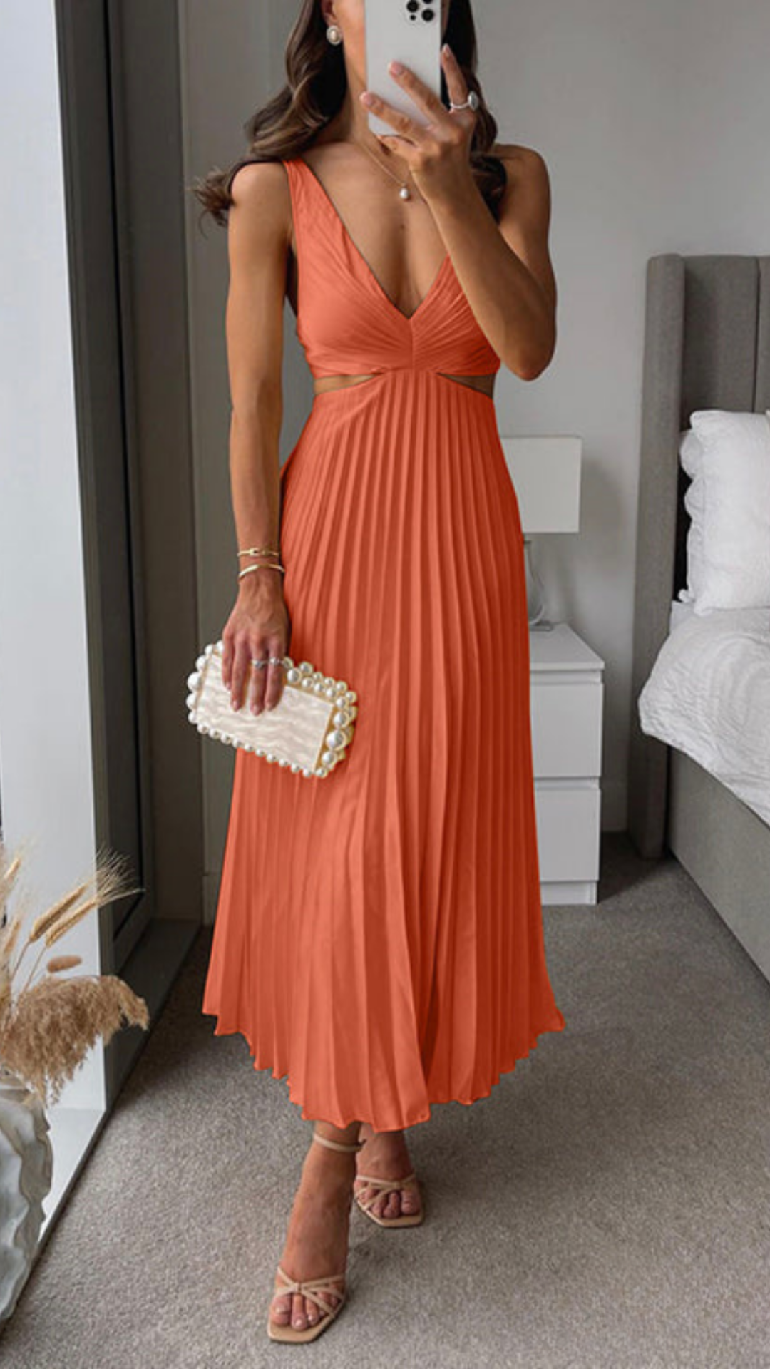 Deep V-Neck Cut Out Waist Ruched Pleated Satin Maxi Dress