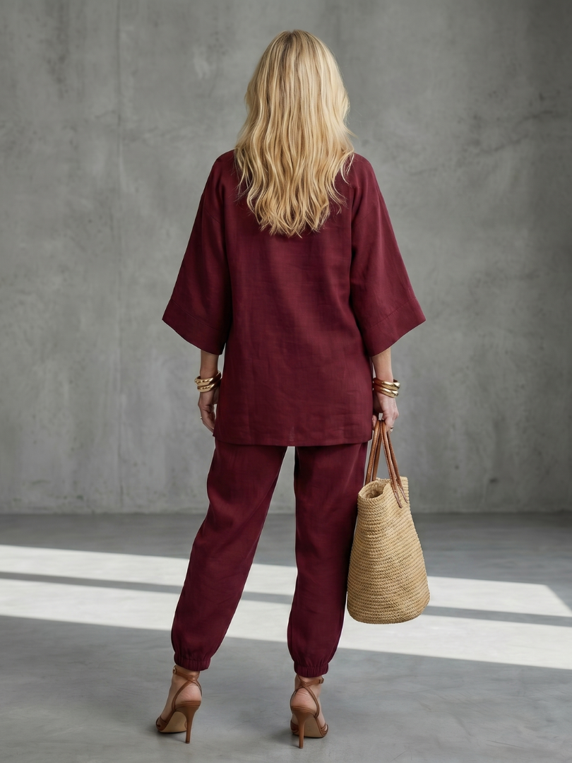 Notch V-Neck Tunic Top and Pants Two Piece Set