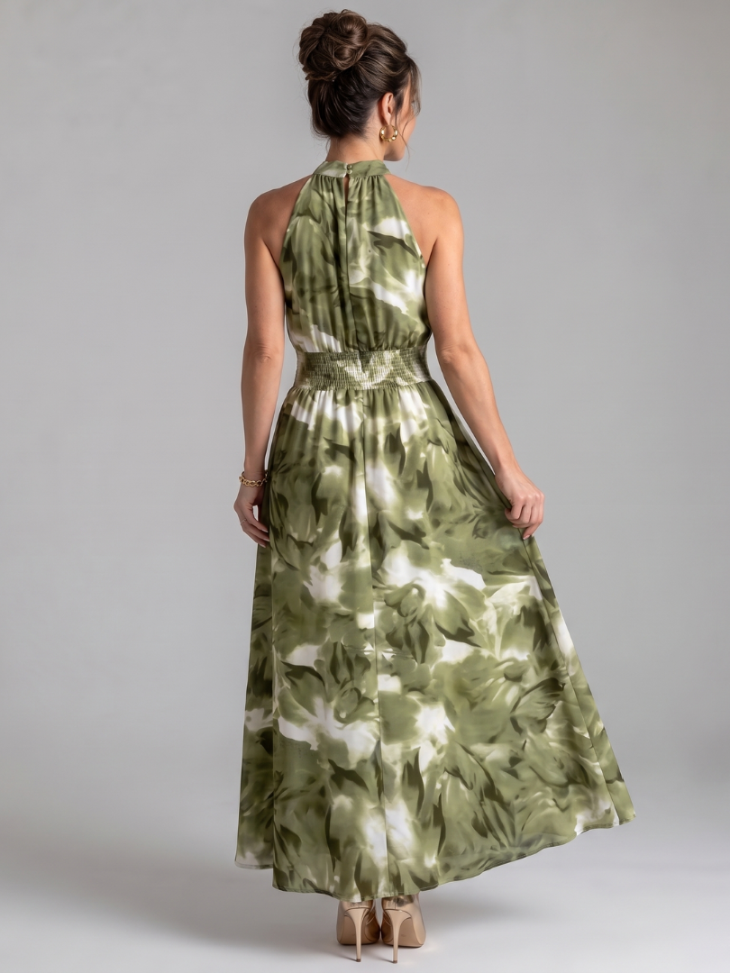 Abstract Print Halter Neck Smocked Waist Maxi Dress