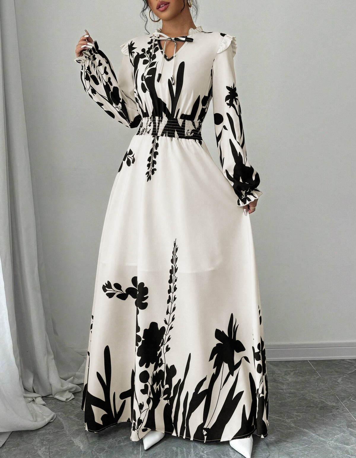 Floral Print Long Sleeve Keyhole Smocked Waist Maxi Dress