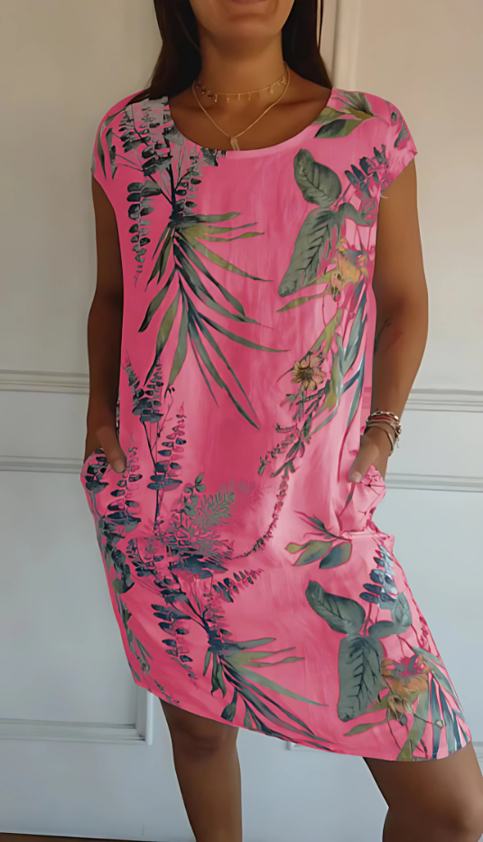 Iris - Casual Loose-Fit Knee-Length Printed Dress Pink
