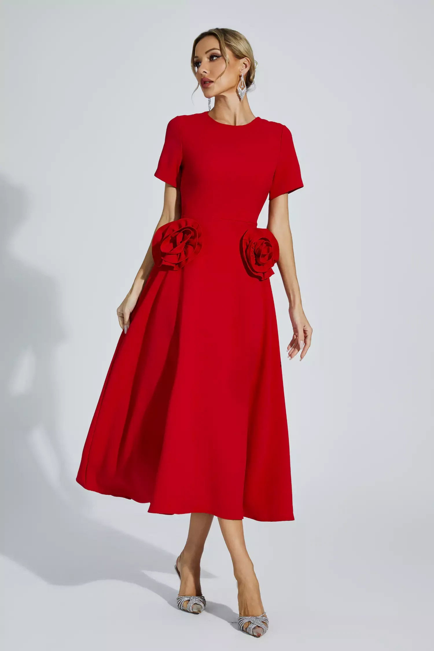 Short Sleeve Pocket Fit and Flare Midi Dress