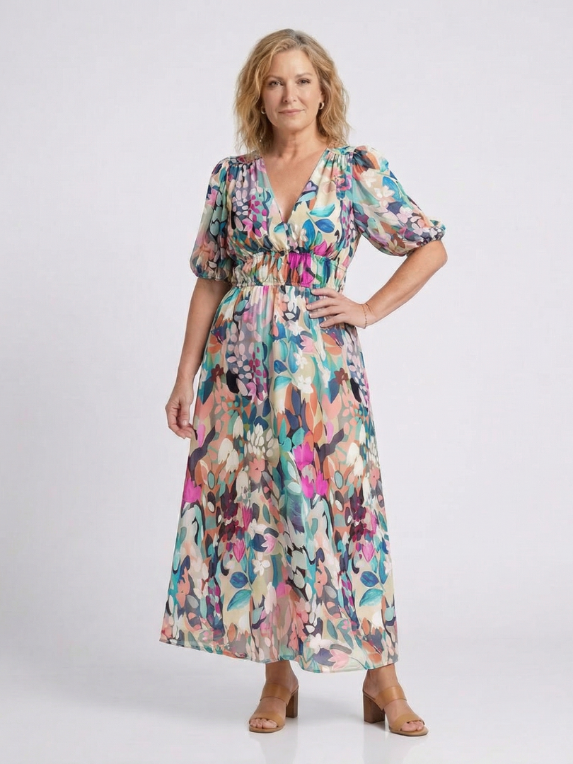 Floral V-Neck Puff Sleeve Gathered Waist Midi Dress