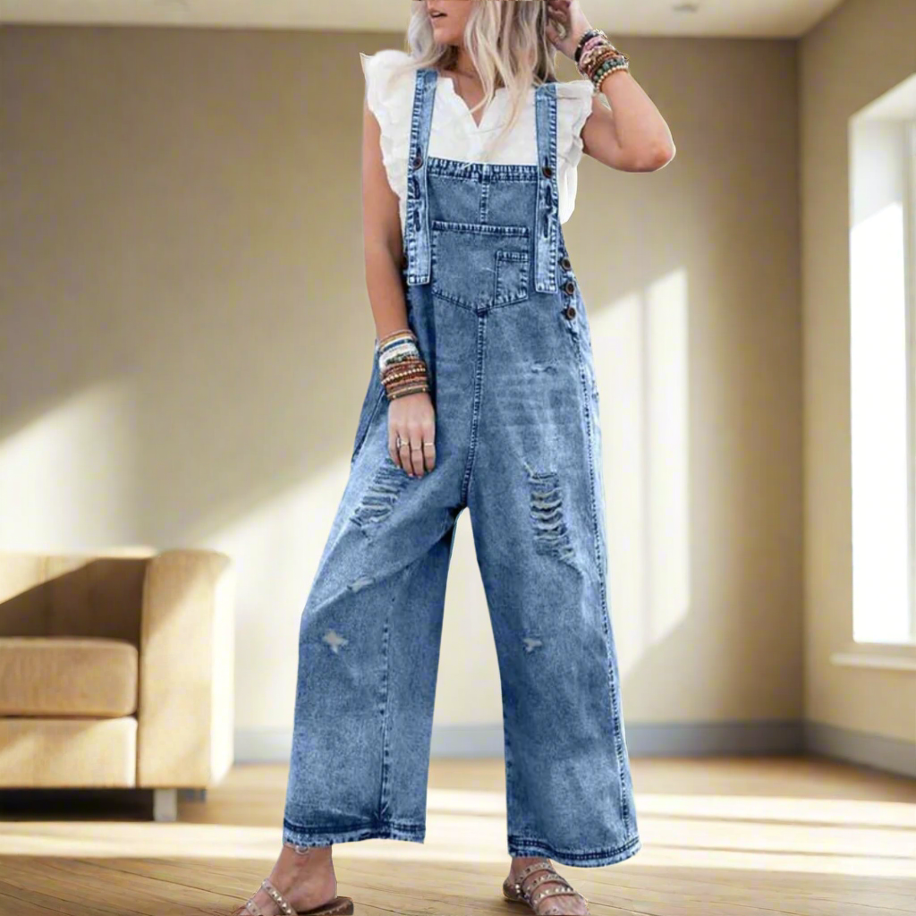 Distressed Denim Wide Leg Overall Jumpsuit