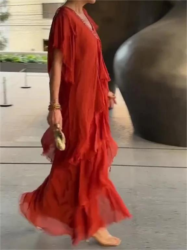 V-Neck Flutter Sleeve Tiered Ruffle Maxi Dress