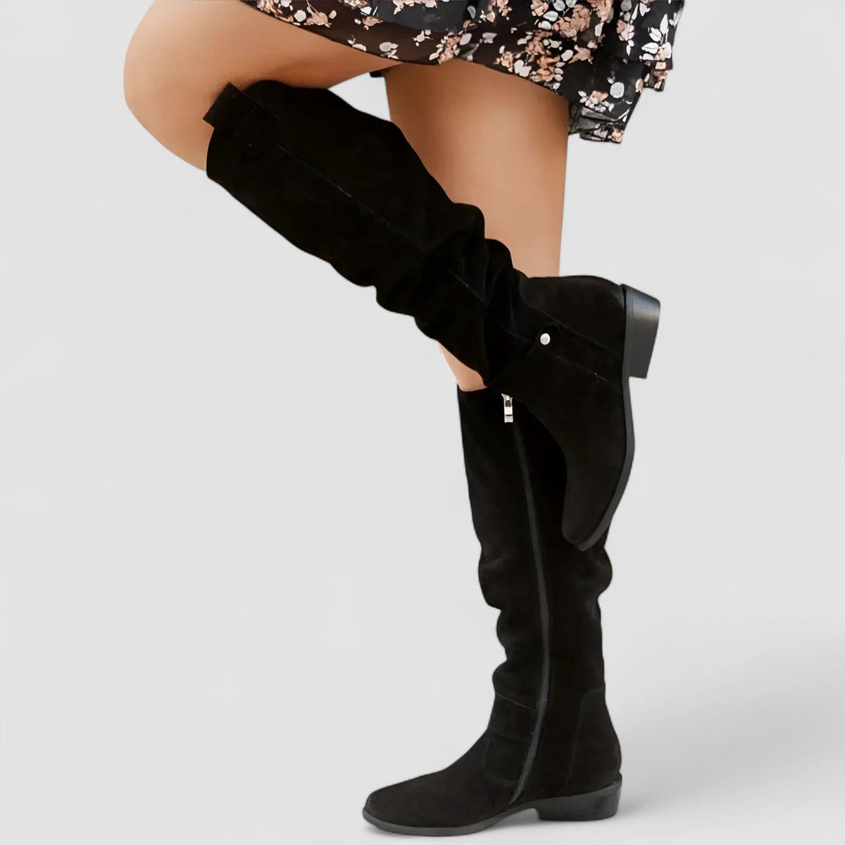 Slouchy Round Toe Block Heel Knee High Boots