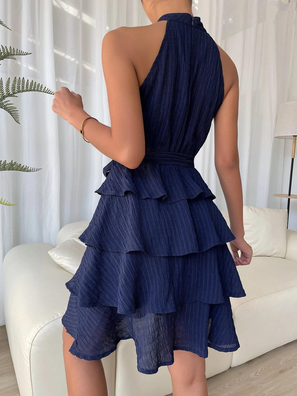 Textured Halter Neck Sleeveless Tie Waist Tiered Ruffle Mini Dress 4