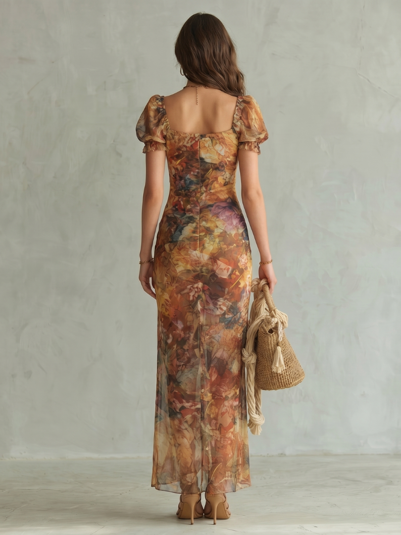 Floral Print Sweetheart Puff Sleeve Ruched Slit Maxi Dress