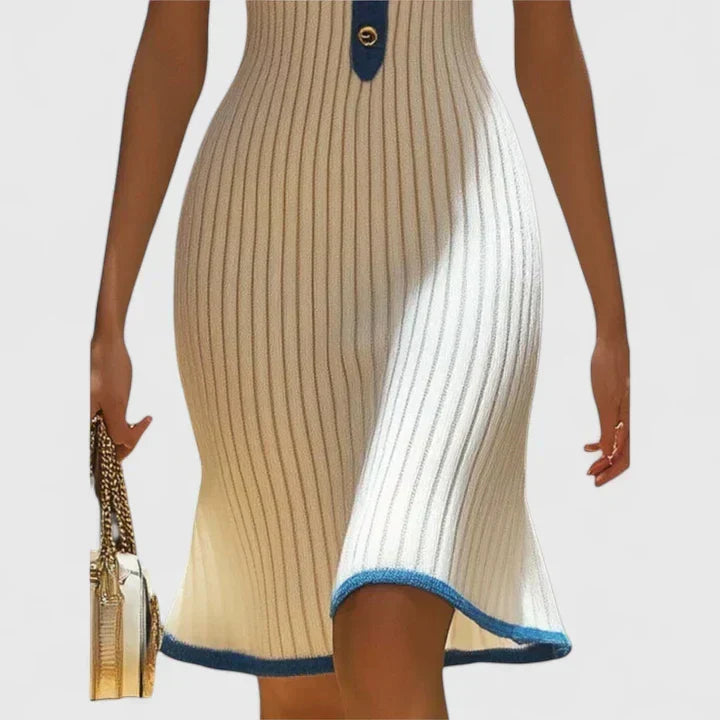 Ribbed Knit V-Neck Short Sleeve Button Front Midi Dress