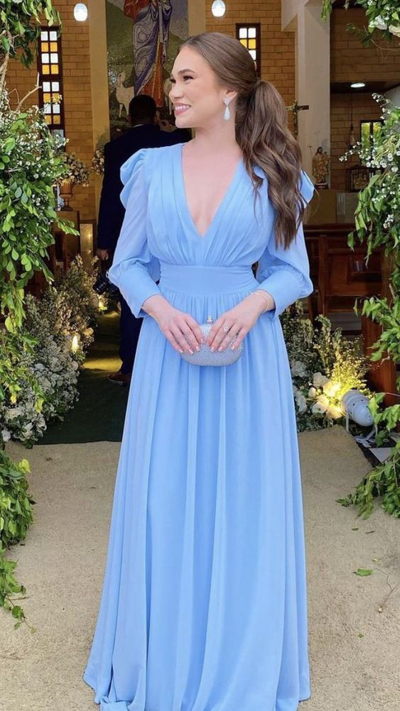 Light Blue Long Sleeves Chiffon Prom Dress Evening Dress cc895