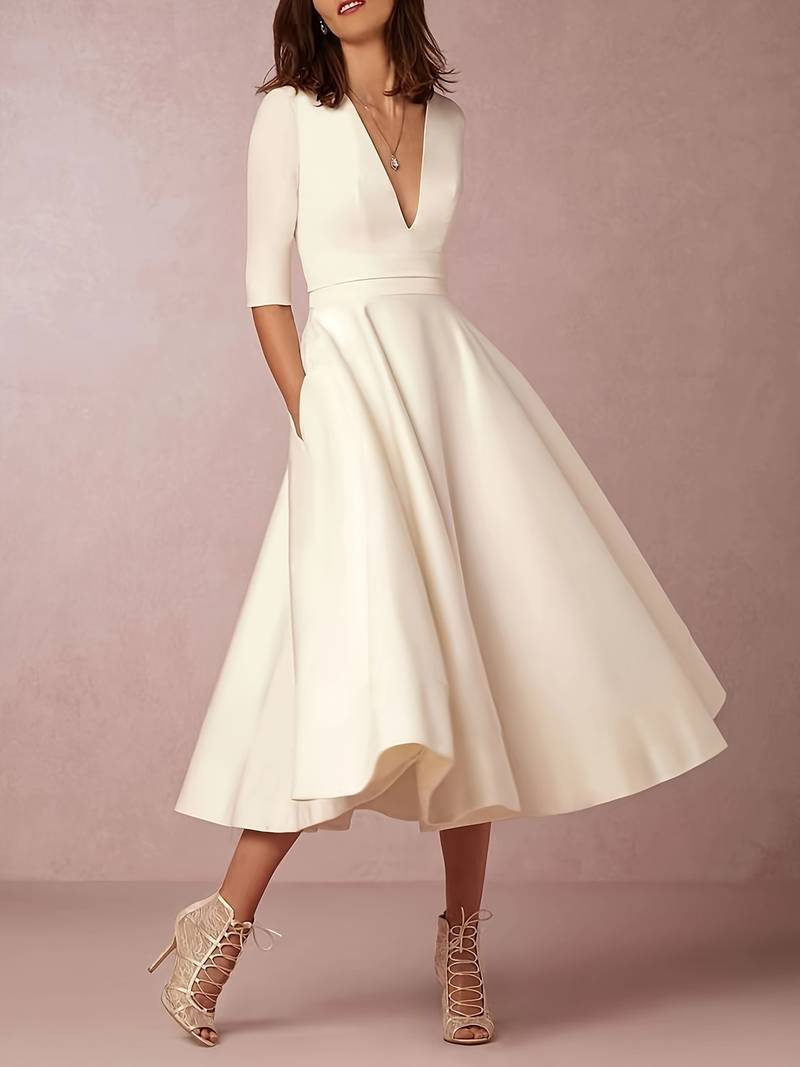 Deep V-Neck Fit and Flare Midi Dress 4