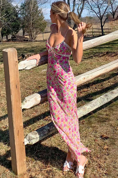 Floral Print Lace Trim Tie Front Spaghetti Strap Slip Maxi Dress