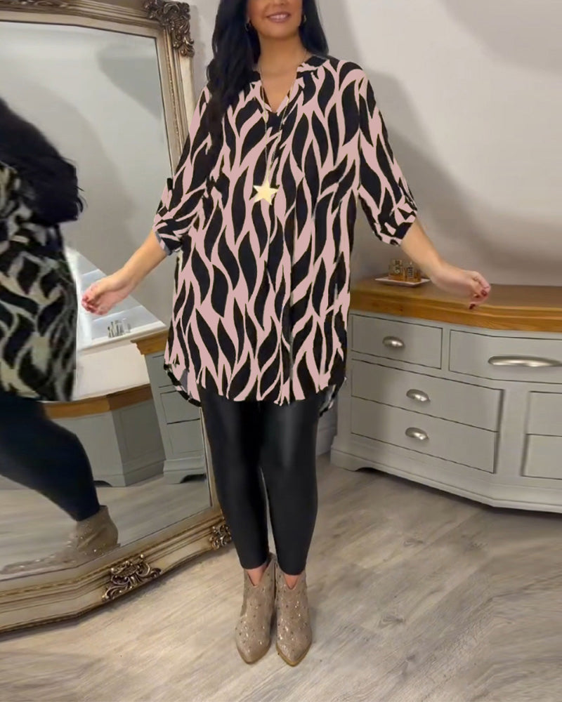 Abstract Print Roll Tab Long Sleeve Collared Button Down High Low Shirt Top