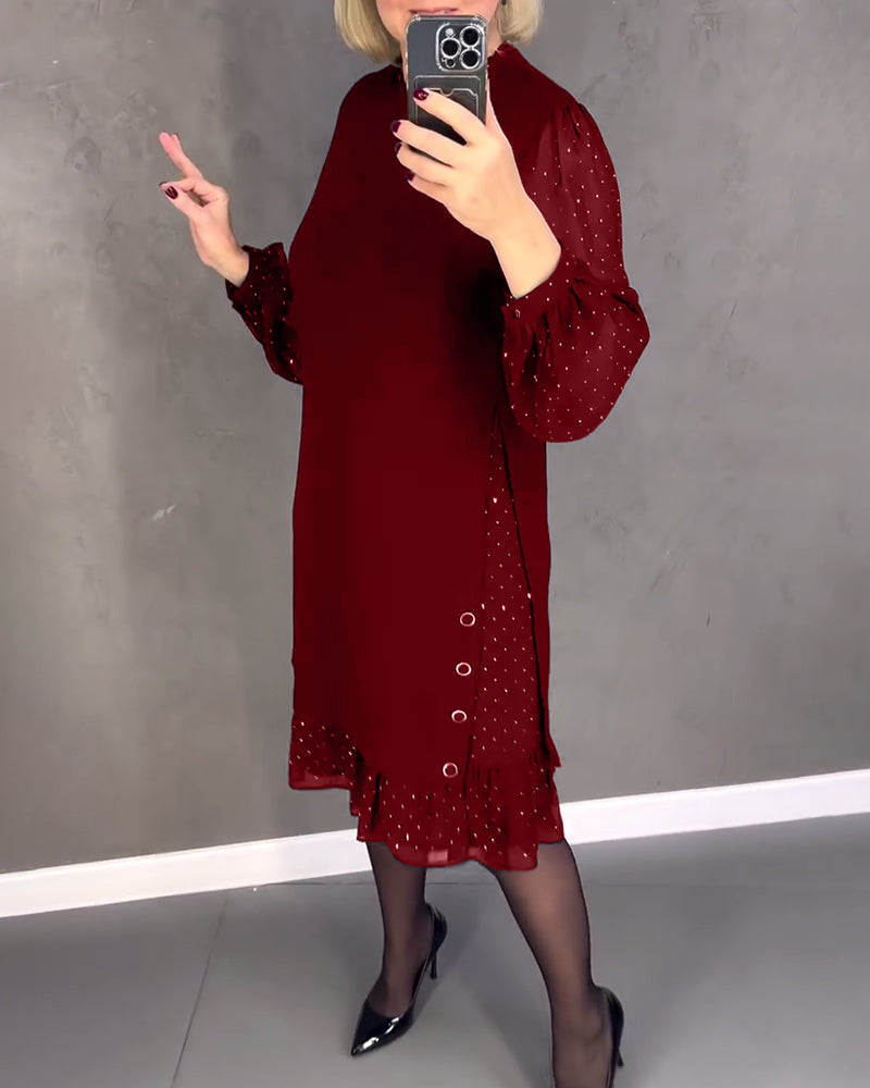 Round Neck Sheer Dot Sleeve Ruffle Hem Shift Midi Dress