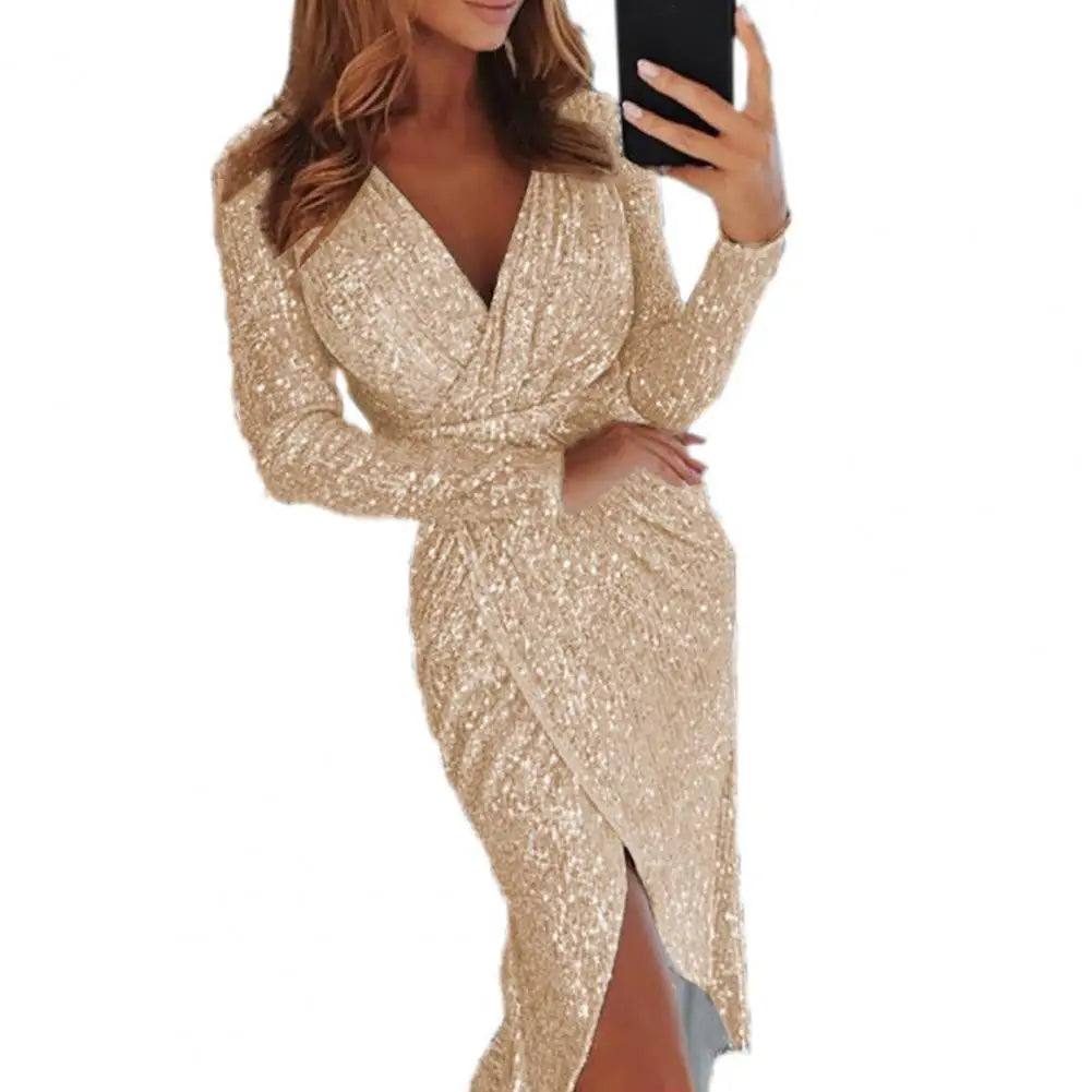 Sequin Deep V-Neck Long Sleeve Ruched Wrap Slit Midi Dress