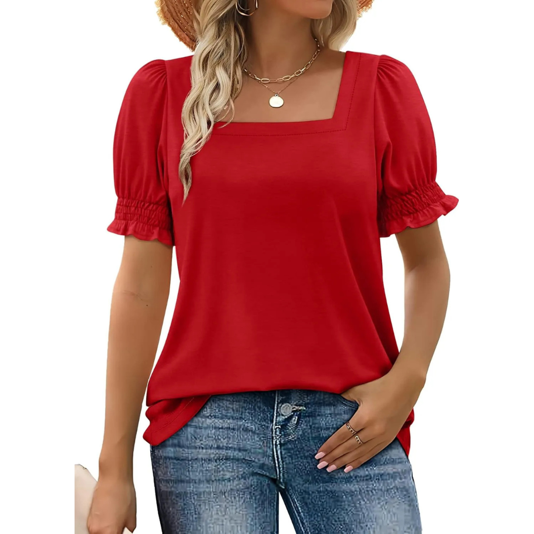 Square Neck Puff Sleeve Striped Top