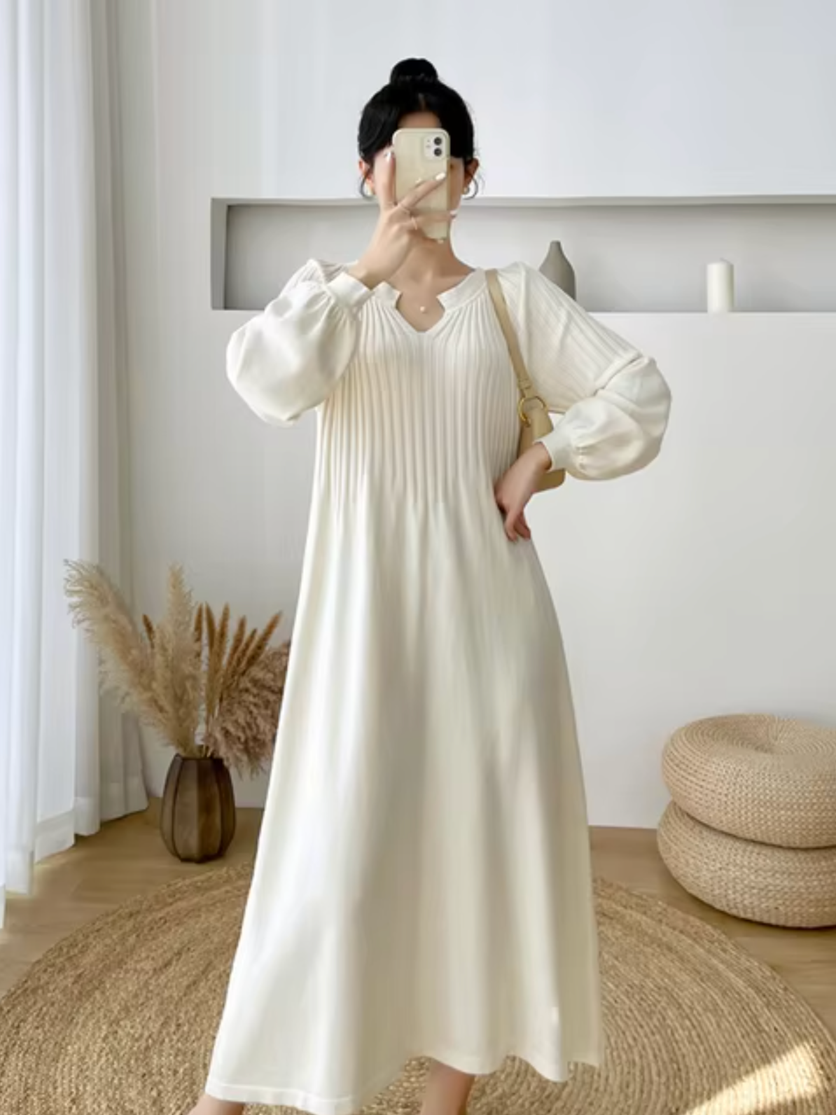 Notched V-Neck Lantern Sleeve Ribbed Knit A-Line Maxi Sweater Dress 2