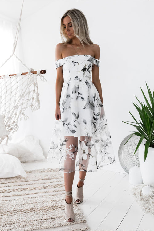 Tulle Floral Embridered Midi Dress - 2 Colors White
