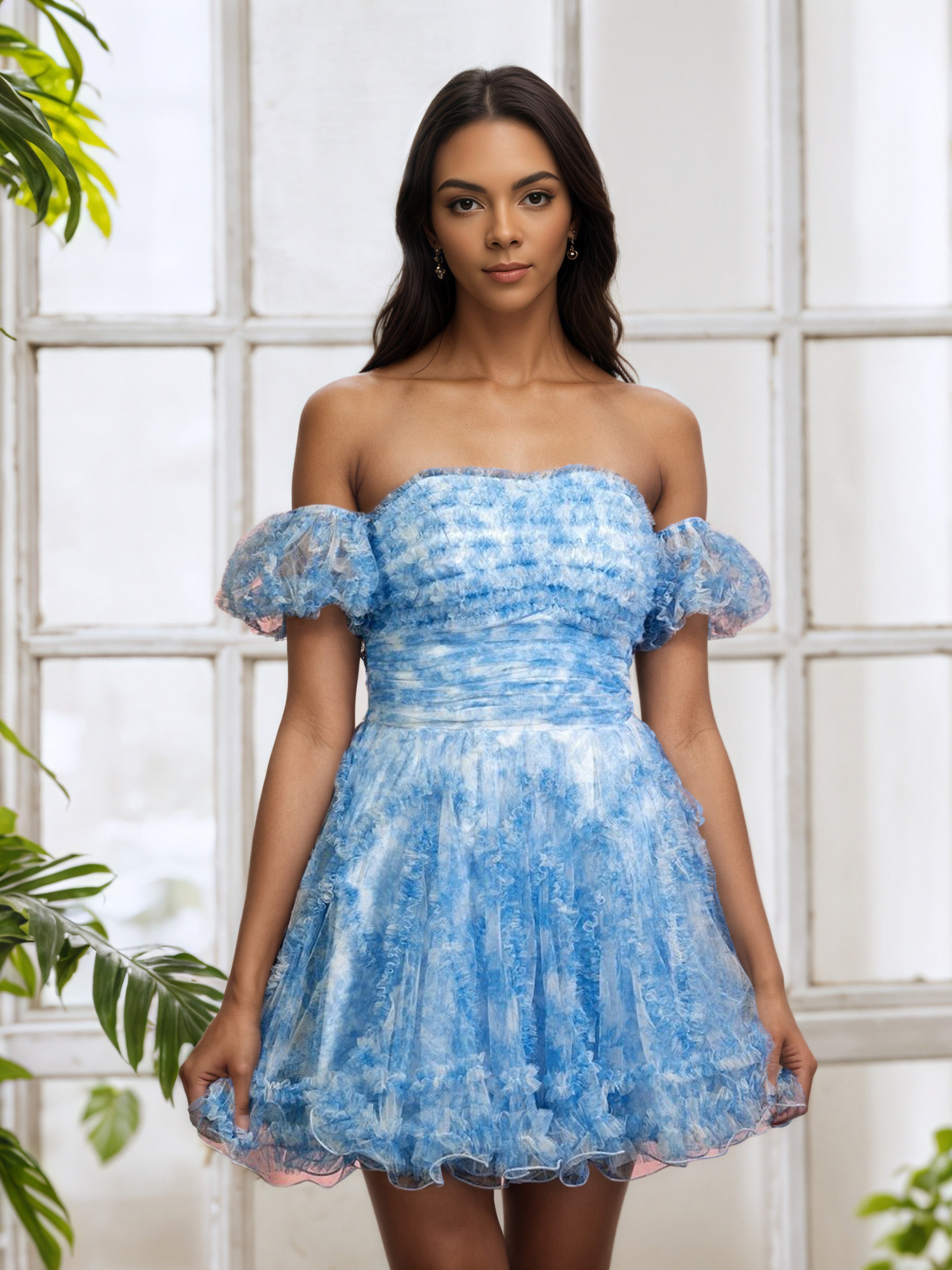 Illusion Sky Blue Off The Shoulder Tulle Homecoming Dress