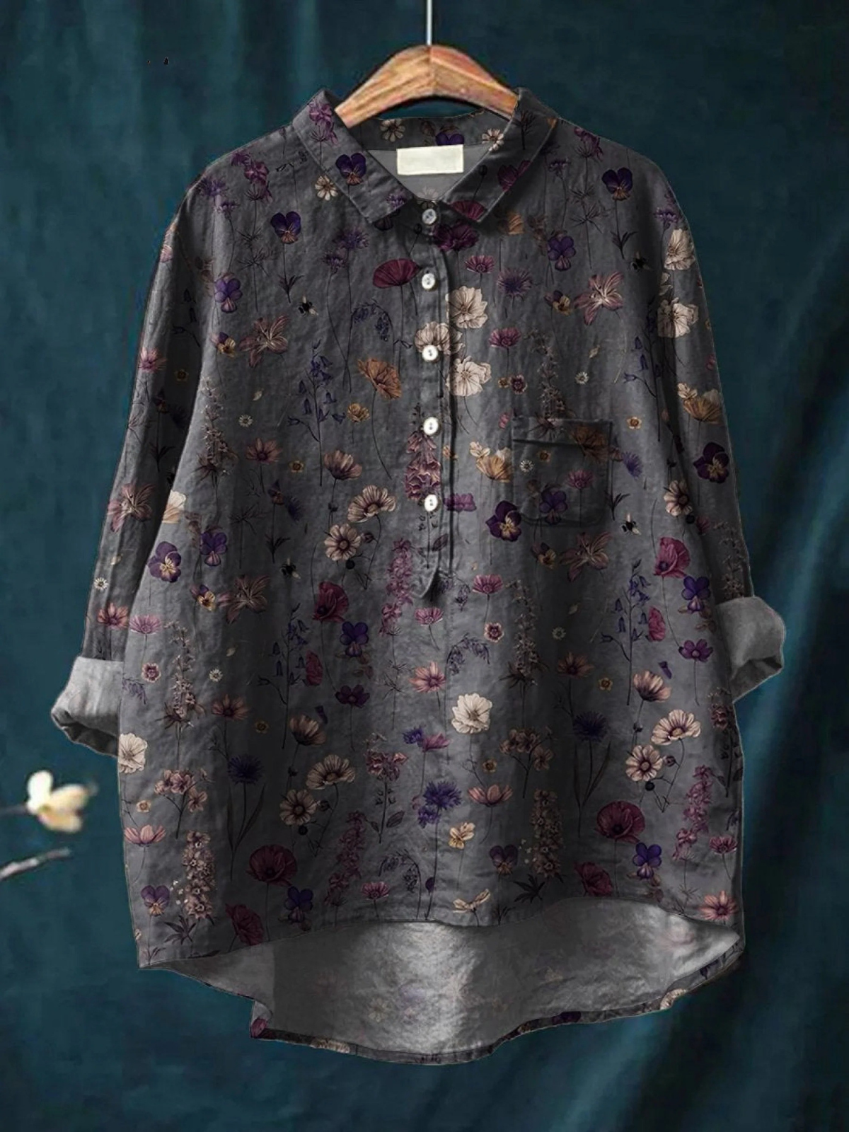 Wildflower Print Long Sleeve Button Front Linen Shirt