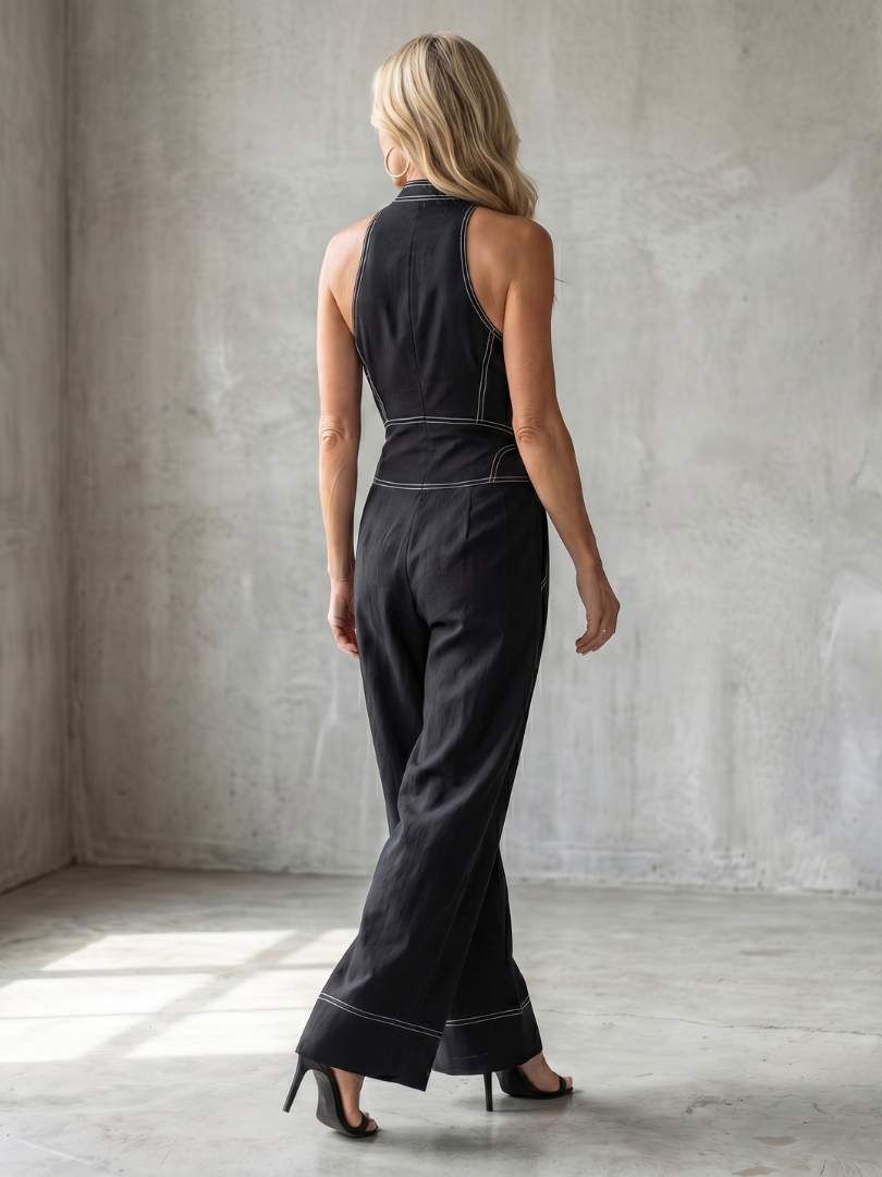 Zip Front Contrast Stitch Sleeveless Wide Leg Jumpsuit