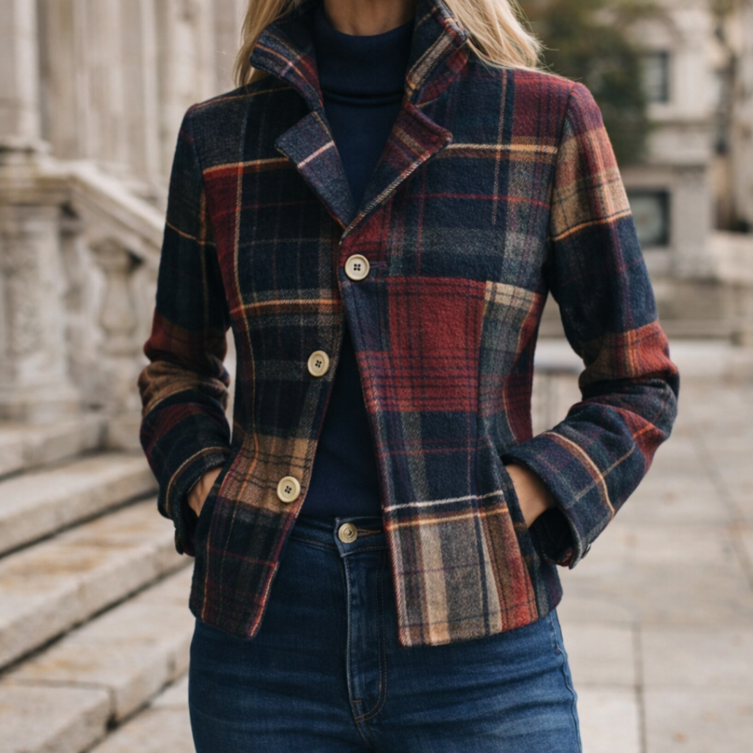 Plaid Notch Lapel Button Front Cropped Jacket