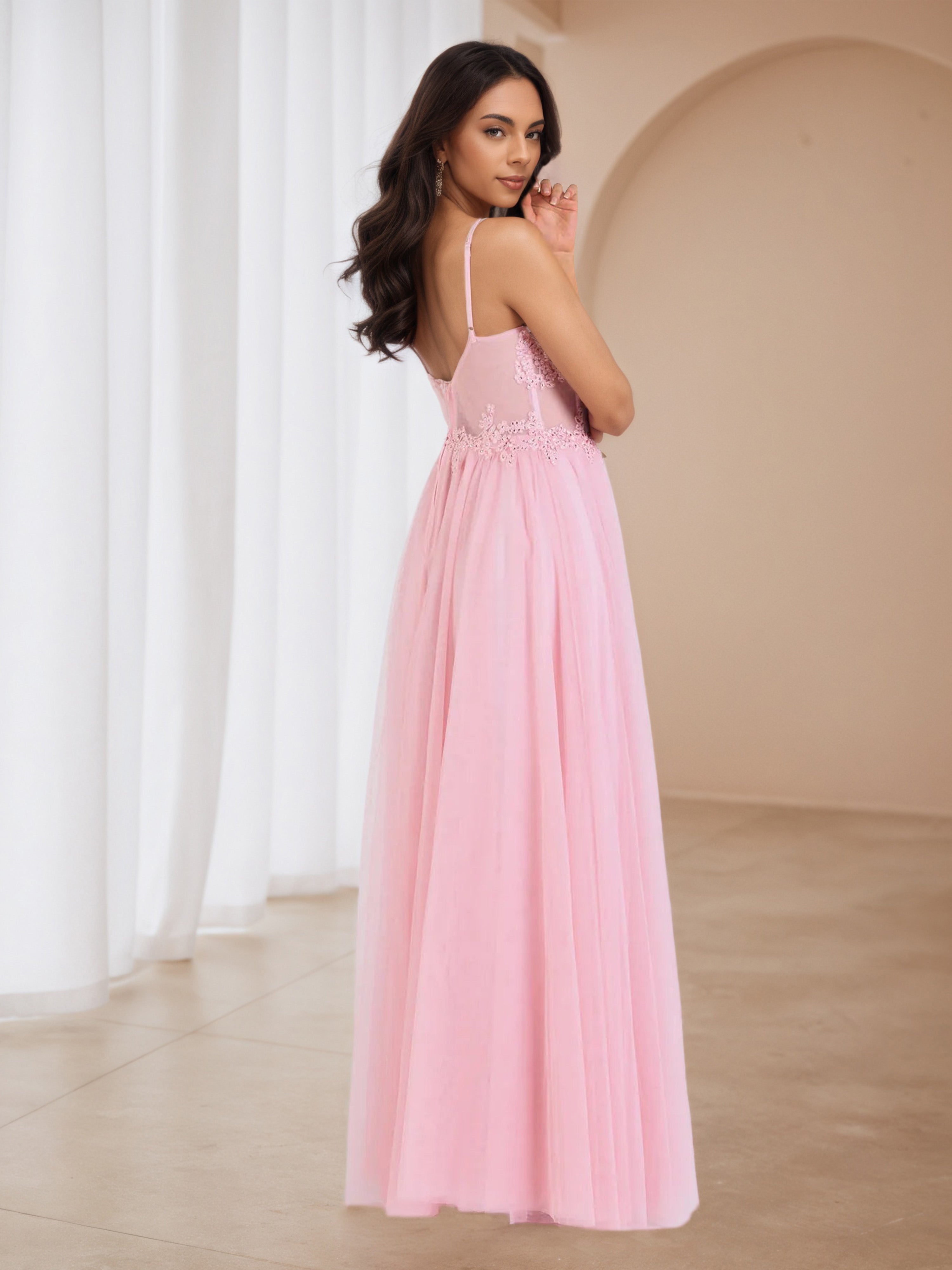 A-Line Candy Pink Tulle V-Neck Formal Dresses