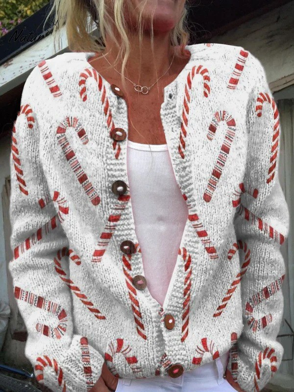 Candy Cane Print Button Front Collared Cardigan