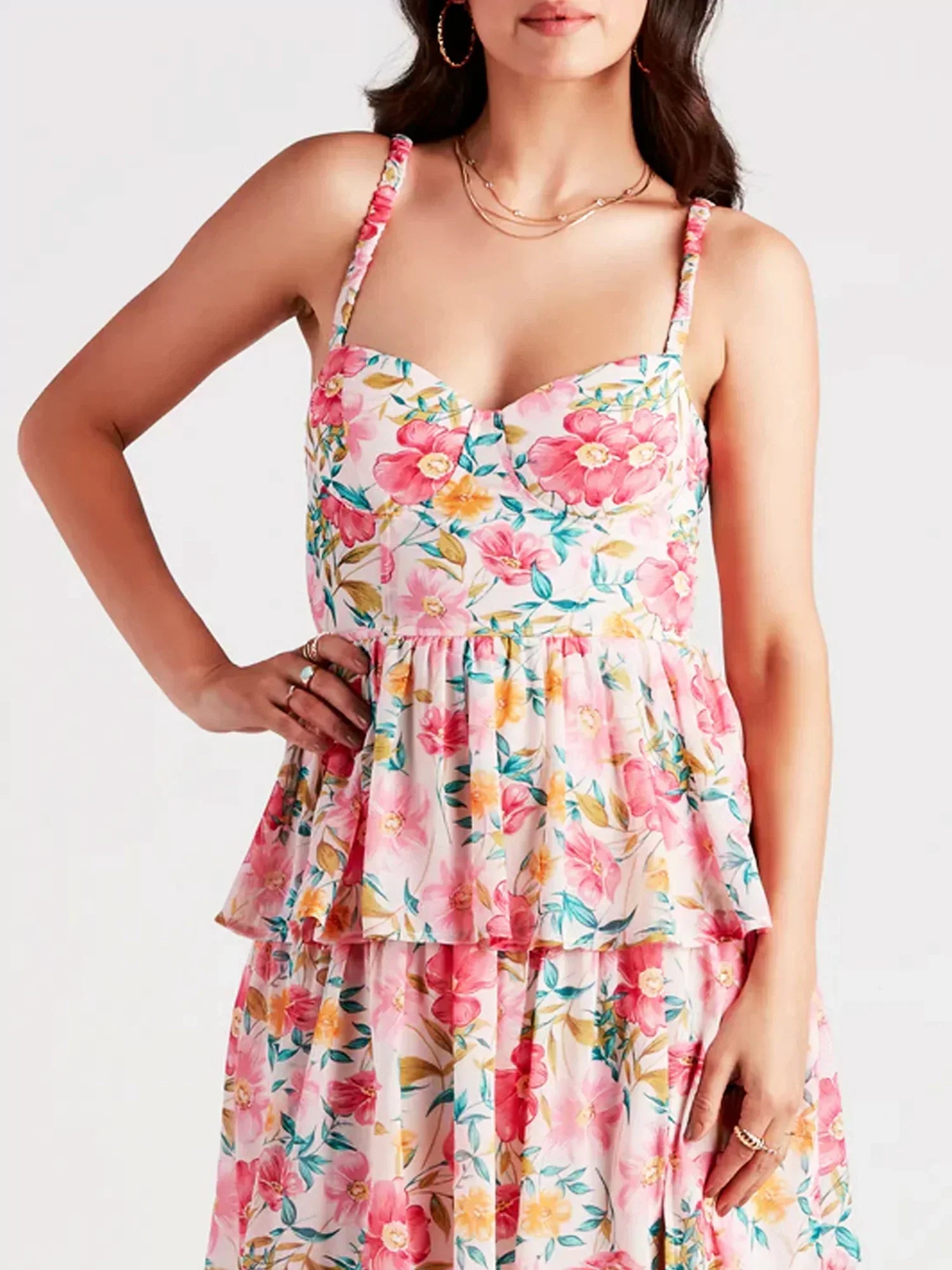 Floral Print Sweetheart Strapless Tiered Ruffle High Split Chiffon Maxi Gown
