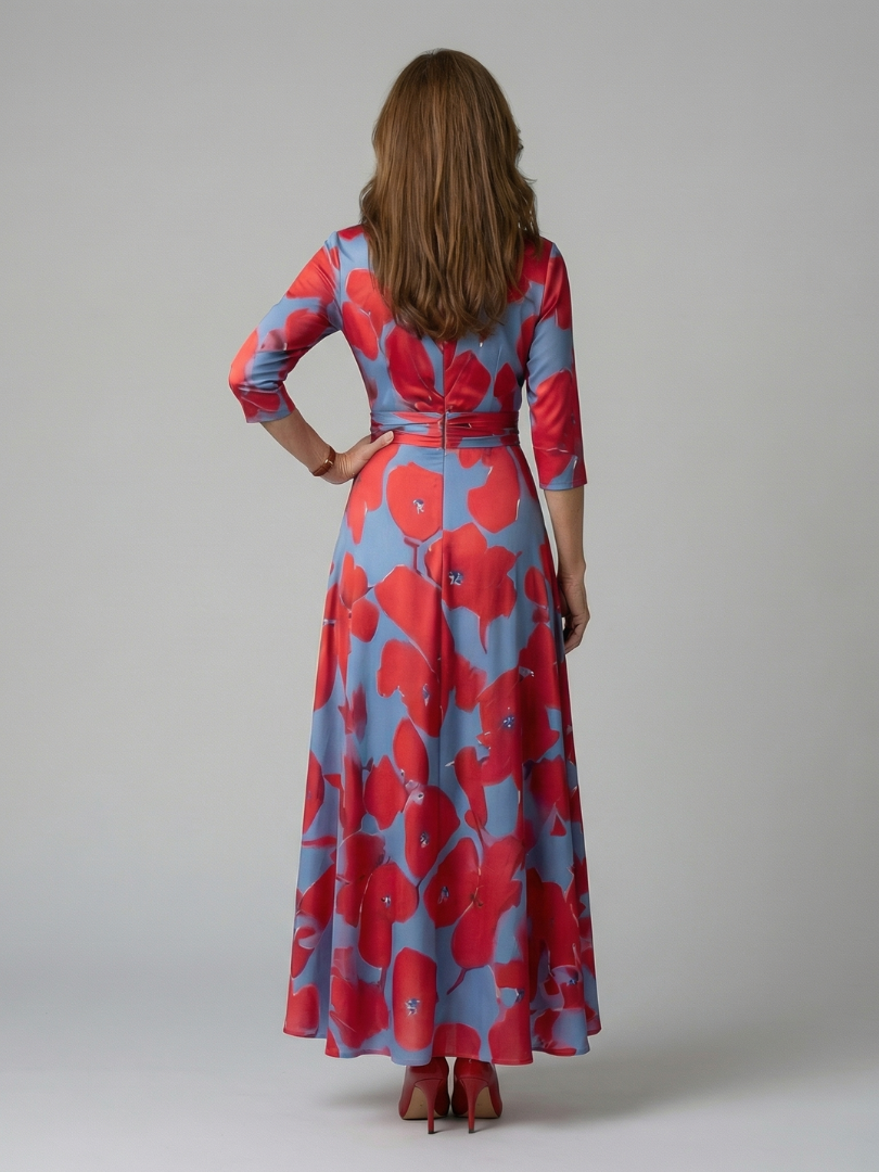 Floral V-Neck Wrap Three Quarter Sleeve Satin Maxi Dress