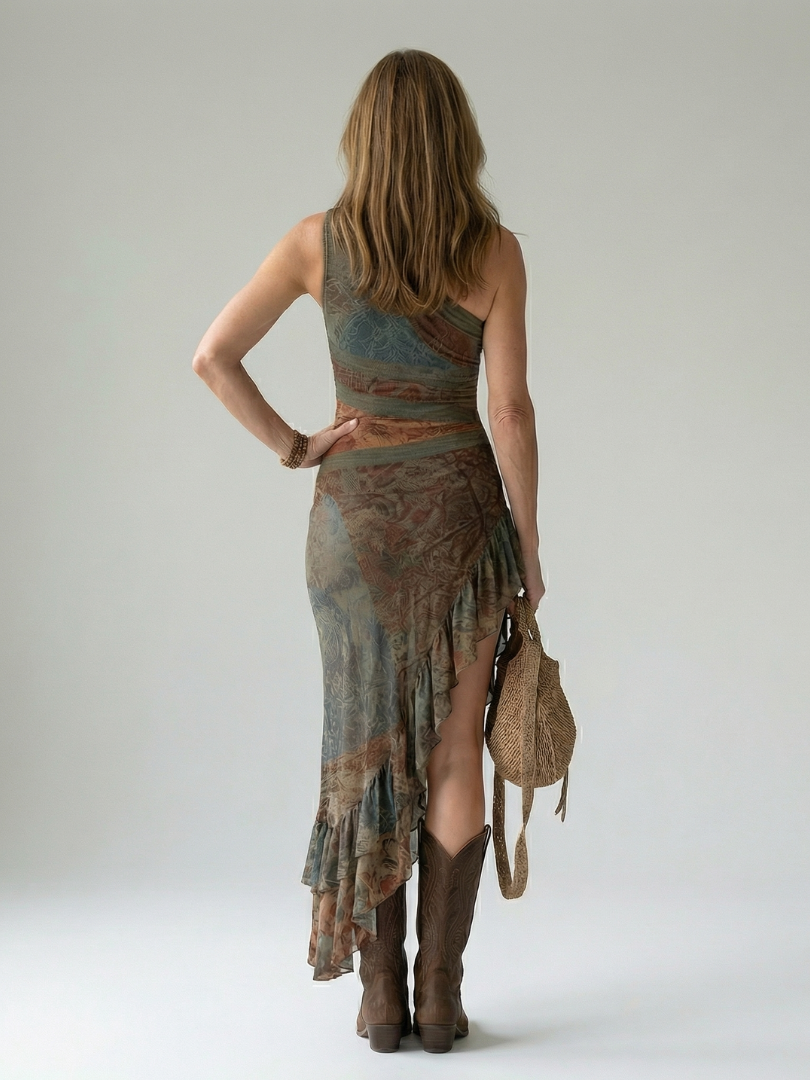 One Shoulder Print Ruffle High Split Maxi Dress