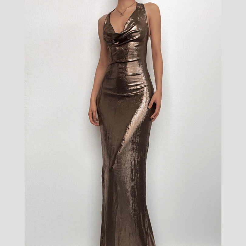Metallic Cowl Neck Ruched Halter Backless Maxi Dress 2