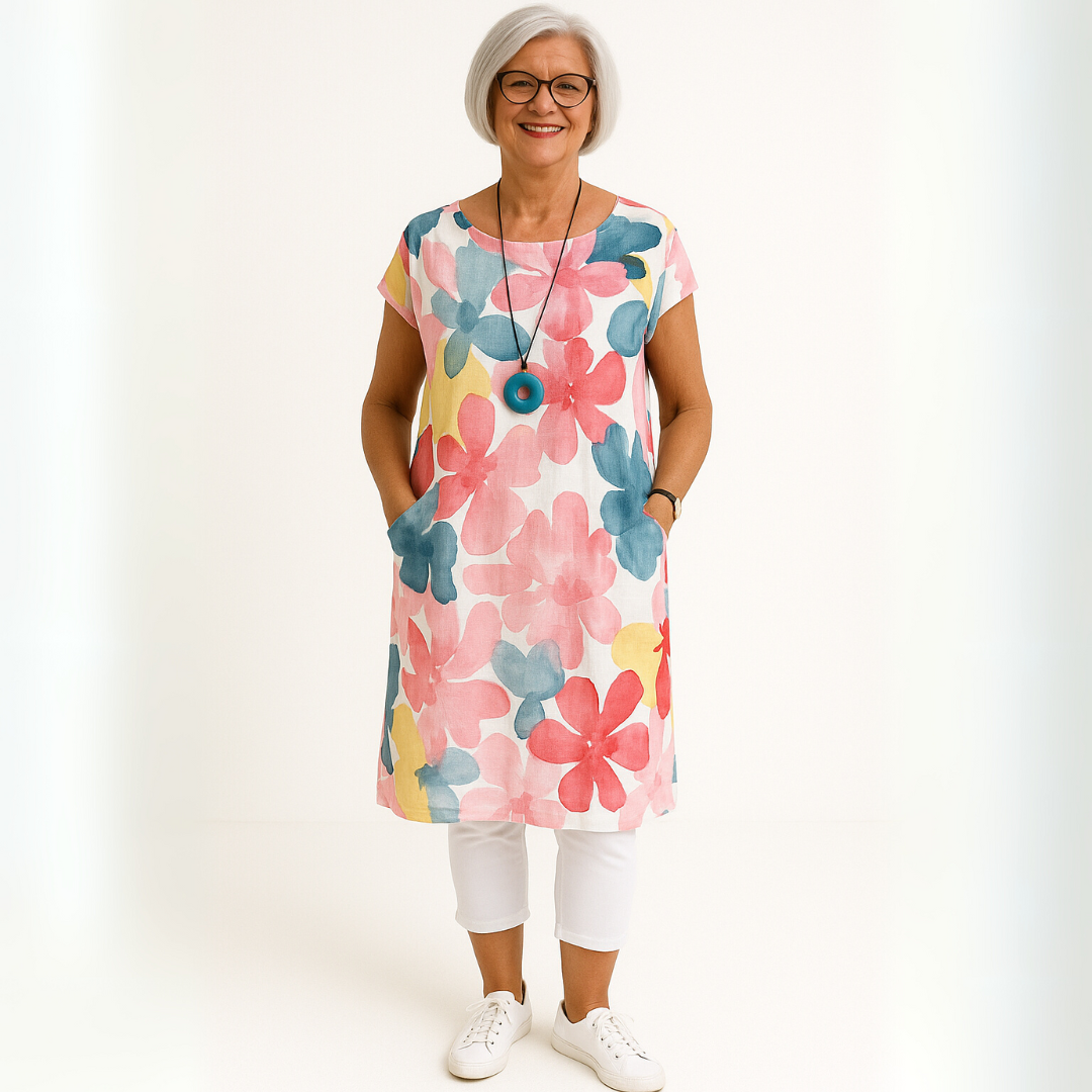 Watercolor Floral Round Neck Short Sleeve Tunic Dress