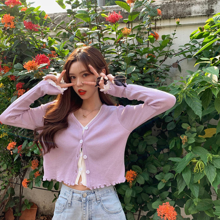 Ruffle V-Neck Slim Cardigan Sweater