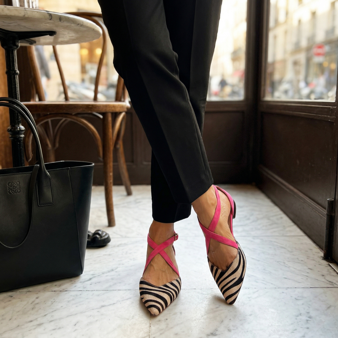Zebra Print Pointed Toe Cross Strap Flats