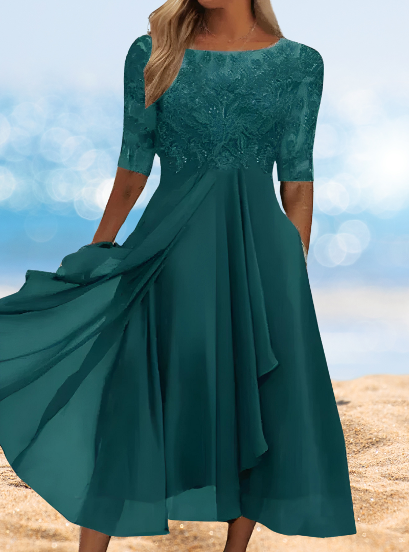 Floral Lace Illusion Scoop Neck Mesh Sleeve A-Line Chiffon Formal Midi Dress