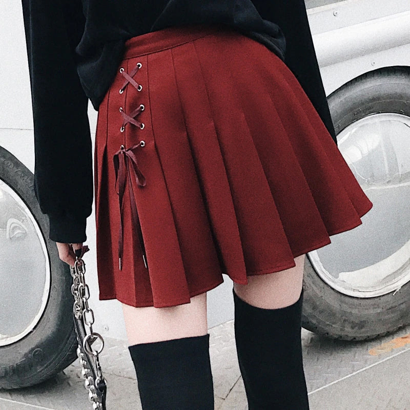 Front Lace Tie Pleated Mini Skirts