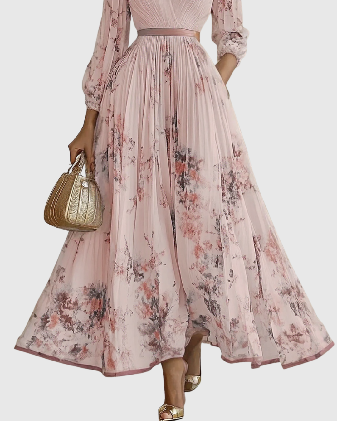 Floral Deep V-Neck Pleated Belted Midi Dress