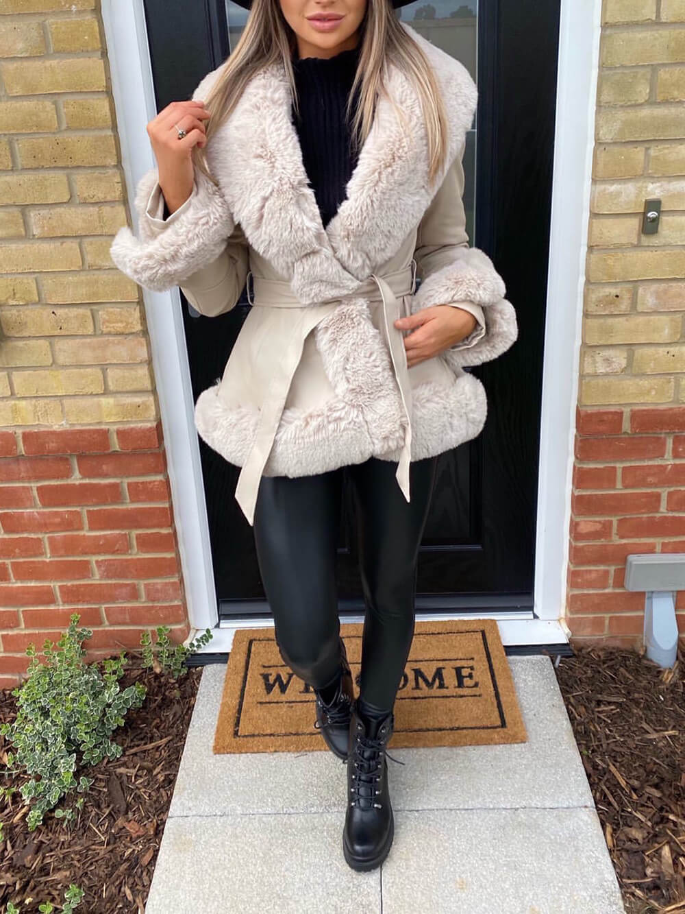 Faux Fur Trim Belted Faux Leather Peplum Jacket