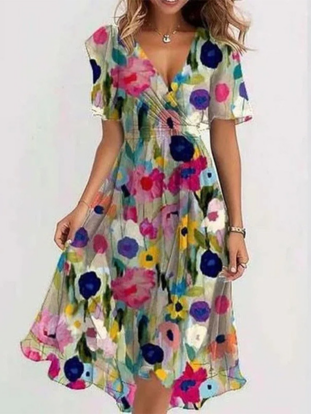 Floral V-Neck Flutter Sleeve Tie Waist Fit and Flare Midi Dress