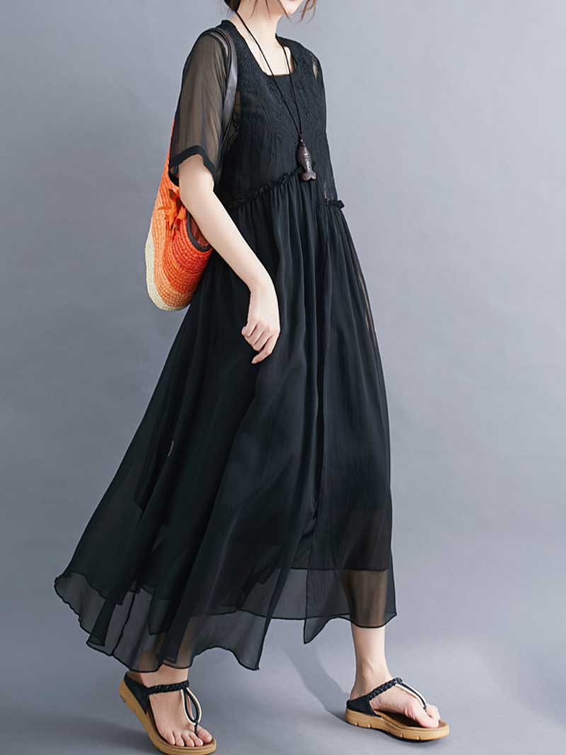 Lace Bodice Sheer Overlay Empire Waist Handkerchief Hem Midi Dress