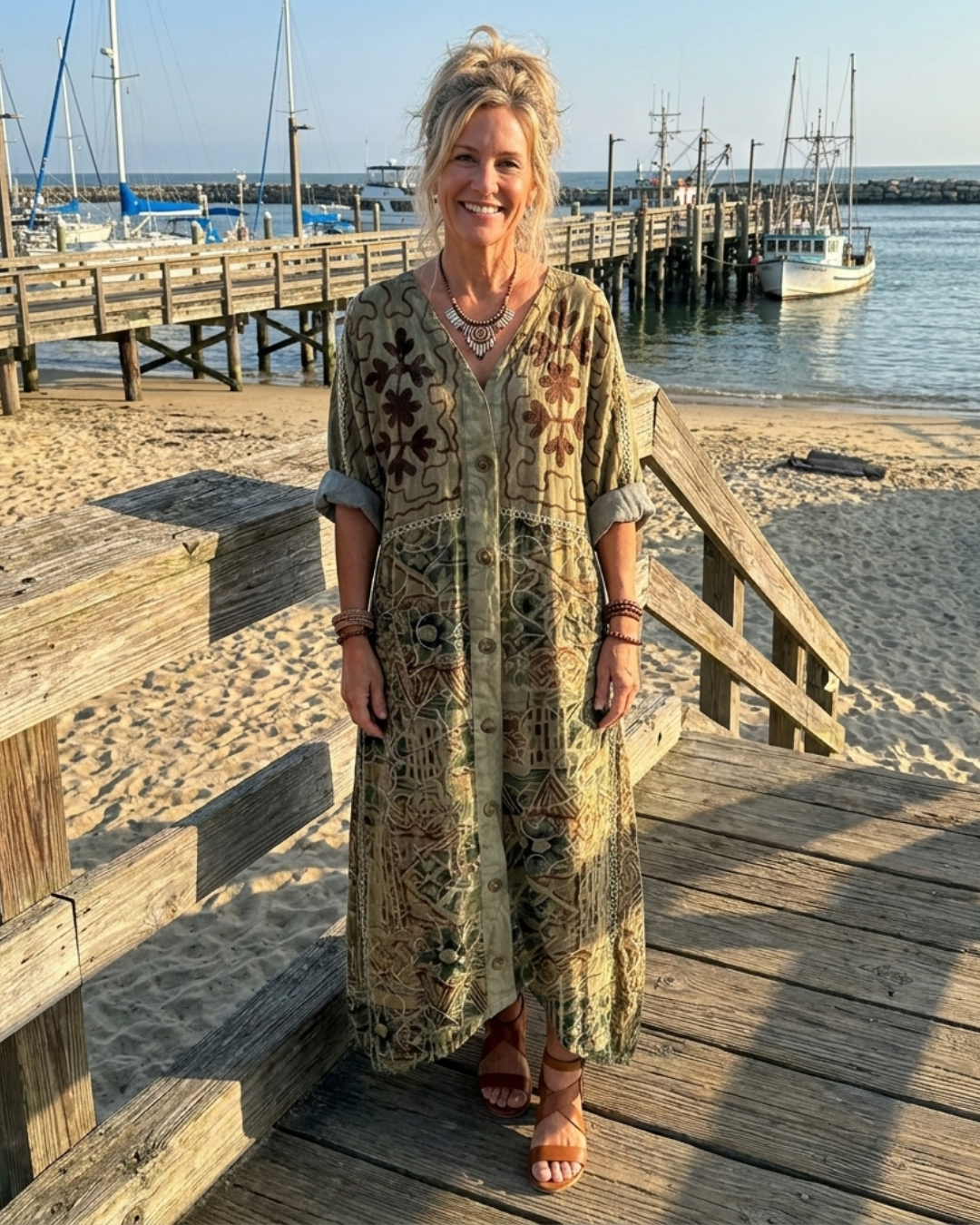 Patchwork Print V-Neck Button Front Handkerchief Hem Maxi Dress