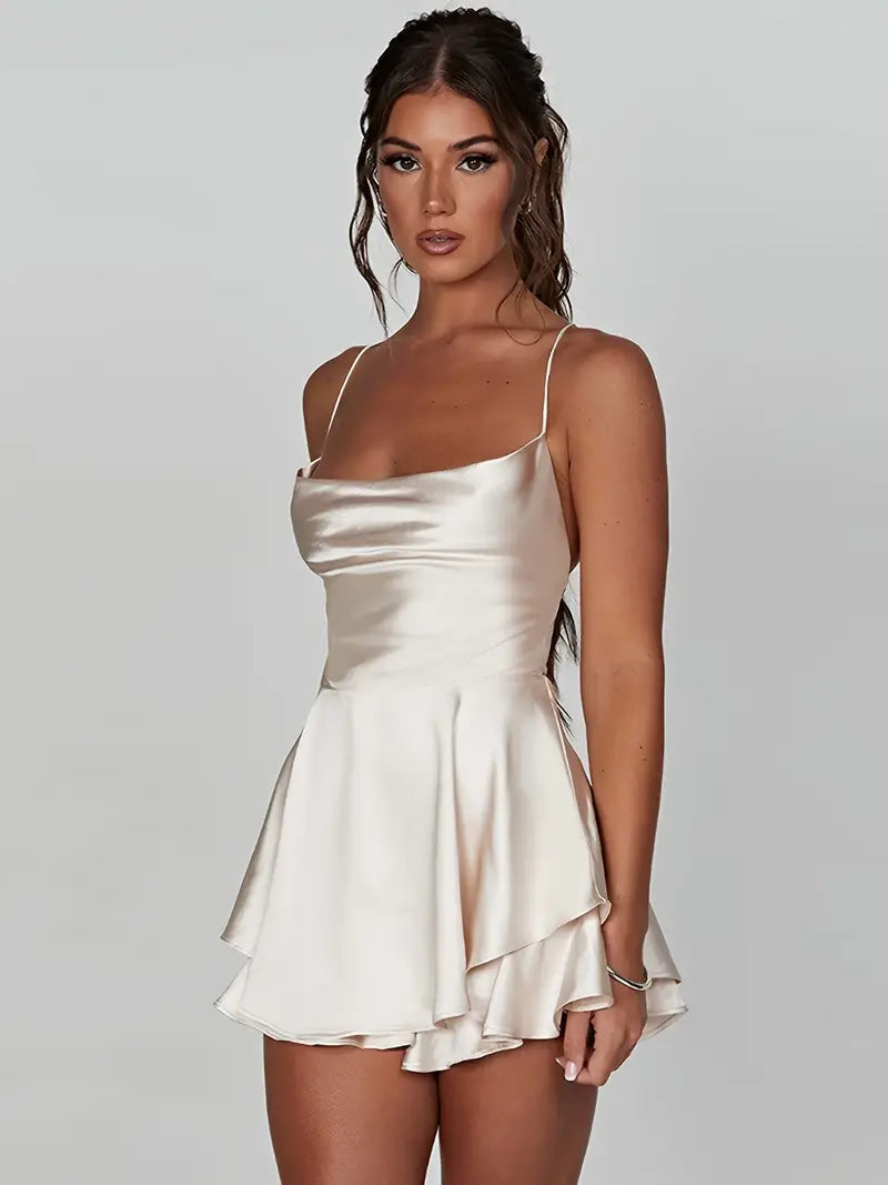 Satin Spaghetti Strap Tiered Ruffle Fit and Flare Mini Cocktail Dress