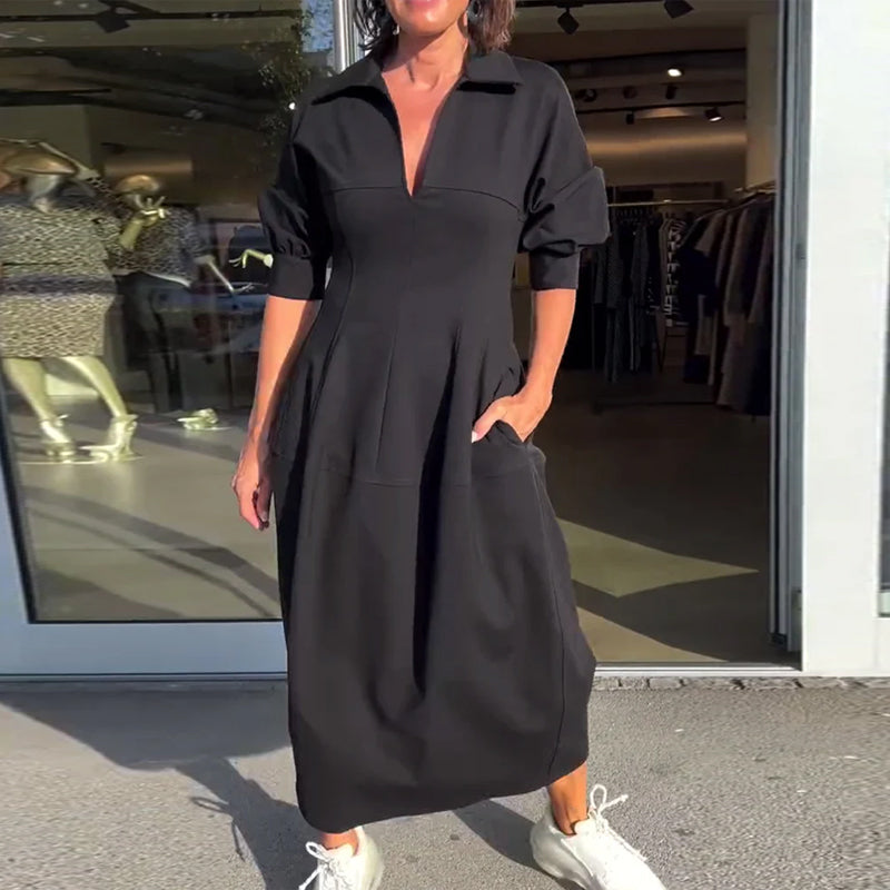 Collared V-Neck Short Sleeve Pocket Cocoon Midi Dress