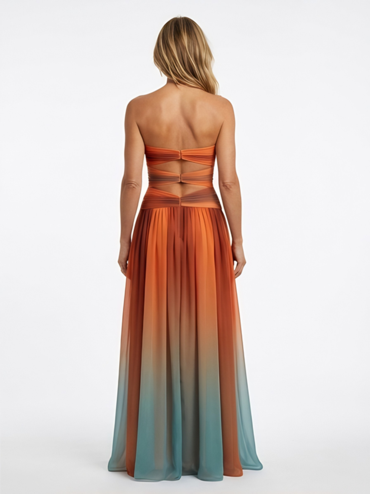 Twist Front Cut Out Strapless Ombre Maxi Dress