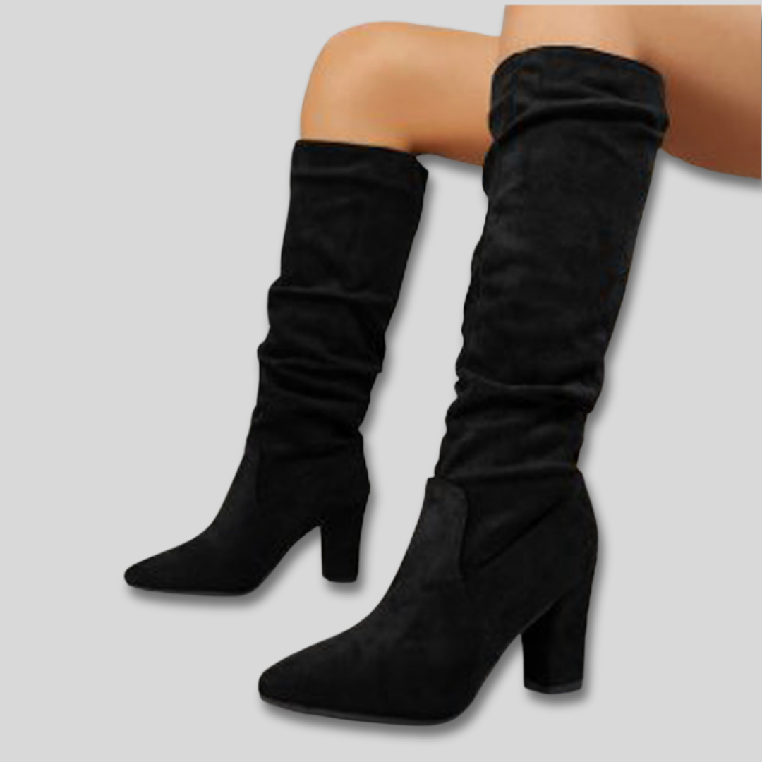 Pointed Toe Suede Look Slouch Block Heel Knee High Boots