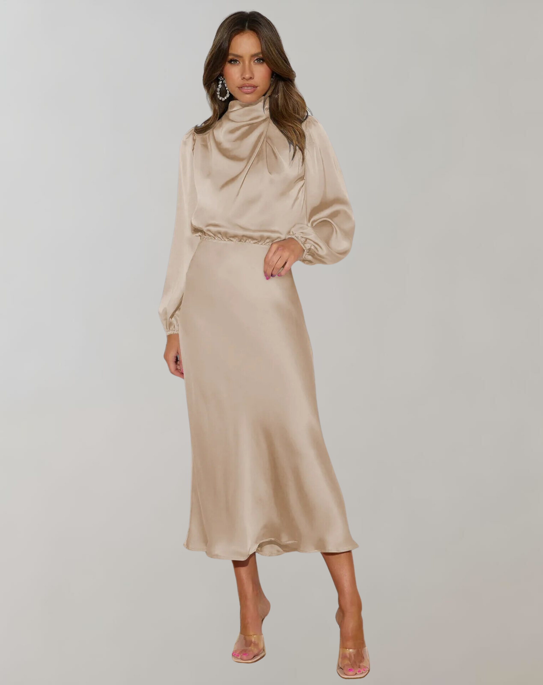 Satin Mock Neck Draped Bishop Sleeve Elastic Waist Midi Dress